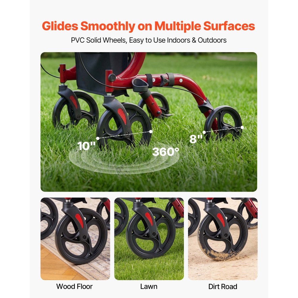 VEVOR składany chodzik z siedziskiem, lekki chodzik z 4 oponami z PVC, pomoc w chodzeniu do 136 kg z oparciem, torbą, uchwytem na laskę, pomoc w chodzeniu z regulacją wysokości i funkcją blokady dla seniorów, kolor czerwony