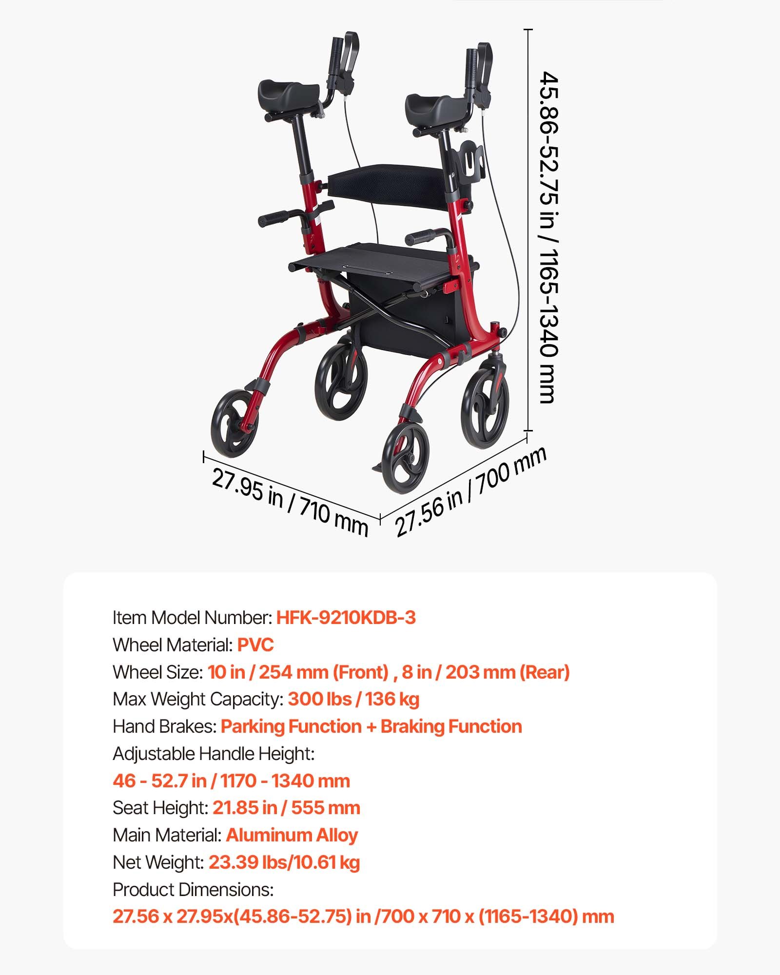 VEVOR składany chodzik z siedziskiem, lekki chodzik z 4 oponami z PVC, pomoc w chodzeniu do 136 kg z oparciem, torbą, uchwytem na laskę, pomoc w chodzeniu z regulacją wysokości i funkcją blokady dla seniorów, kolor czerwony
