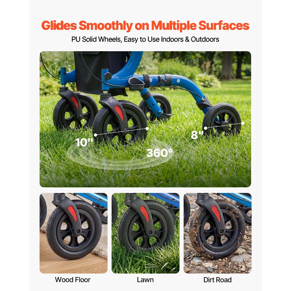 VEVOR Rollator Walker with Seat for Seniors, Foldable Rolling Walker, Lightweight Aluminum Mobility Walking Aid with PU Solid Wheels, Adjustable Handle, Storage Bag, Cup/Cane Holder - Supports 136kg