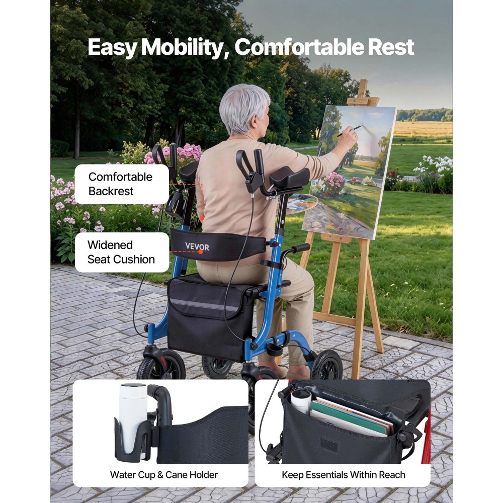 VEVOR Rollator Walker with Seat for Seniors, Foldable Rolling Walker, Lightweight Aluminum Mobility Walking Aid with PU Solid Wheels, Adjustable Handle, Storage Bag, Cup/Cane Holder - Supports 136kg