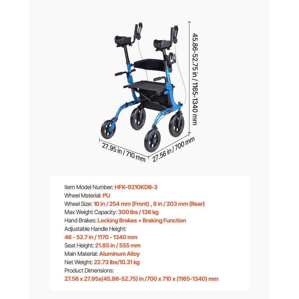 VEVOR Rollator Walker with Seat for Seniors, Foldable Rolling Walker, Lightweight Aluminum Mobility Walking Aid with PU Solid Wheels, Adjustable Handle, Storage Bag, Cup/Cane Holder - Supports 136kg