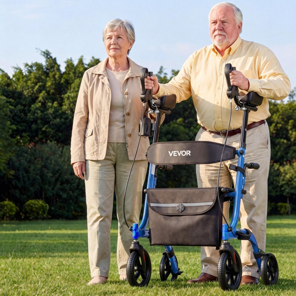 VEVOR Rollator Walker with Seat for Seniors, Foldable Rolling Walker, Lightweight Aluminum Mobility Walking Aid with PU Solid Wheels, Adjustable Handle, Storage Bag, Cup/Cane Holder - Supports 136kg