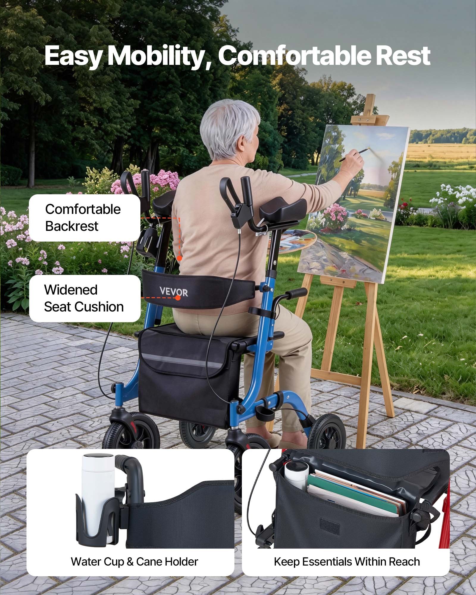 VEVOR Rollator Walker with Seat for Seniors, Foldable Rolling Walker, Lightweight Aluminum Mobility Walking Aid with PU Solid Wheels, Adjustable Handle, Storage Bag, Cup/Cane Holder - Supports 136kg