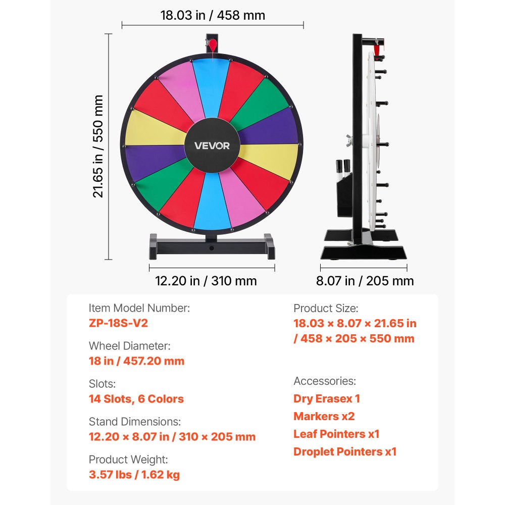 Koło Fortuny VEVOR (457 mm) 14 slotów Koło Fortuny ze stojakiem, ruletka do gier loteryjnych z gąbką do tablicy i 2 markerami, 6 kolorów, kręcące się koło nagród, idealne na imprezy, puby, targi