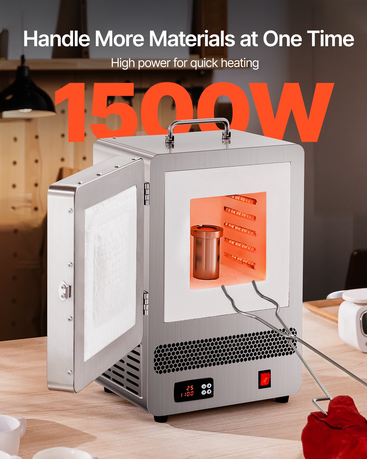 VEVOR Piec do topienia stołowego 1500 W Mocny piec elektryczny Maksymalna temperatura 1200°C, piec do topienia złota ze stali nierdzewnej do odlewania wosku, gliny, hartowania metalu DIY, szkliwienia ceramiki, srebra