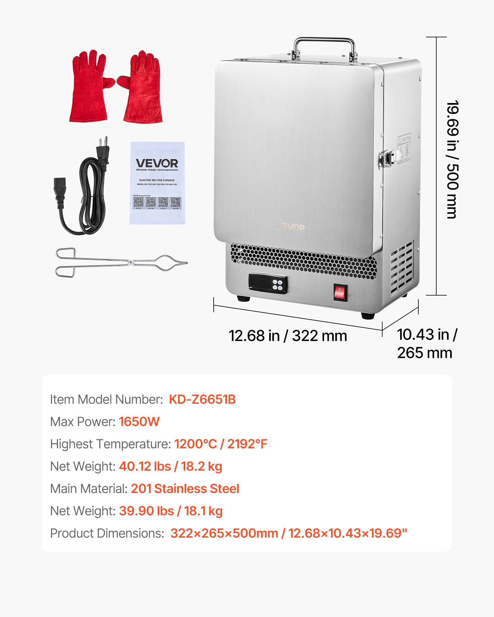Piec elektryczny do topienia VEVOR 1650W, cyfrowy piec do topienia, piec elektryczny do wypalania o maks. temperaturze 1200°C do odlewania metodą wosku traconego, samodzielnego wyrobu gliny, wyżarzania metali, wypalania ceramiki, regulacja temperatury PID