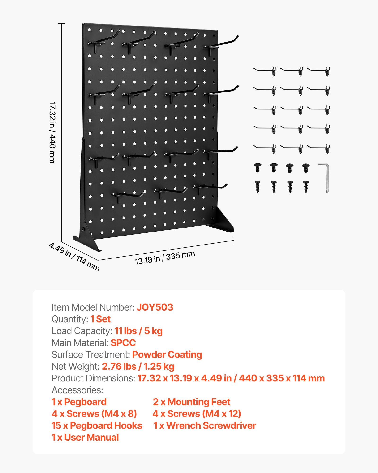 Stojak ekspozycyjny VEVOR Pegboard, 440x330x114 mm, stojak prezentacyjny z 15 haczykami, płyta ze stali walcowanej na zimno do sklepów spożywczych, detalicznych i jubilerskich