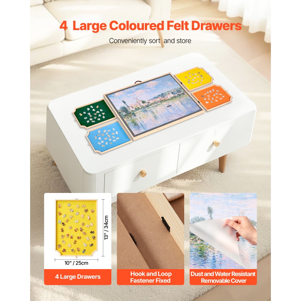 VEVOR Obrotowa plansza do układania puzzli, 1000 elementów, z 4 kolorowymi filcowymi szufladami i pokrywą, przenośny stolik do układania puzzli (760 x 560 x 32 mm), akcesoria do układania puzzli dla dorosłych, system przechowywania puzzli