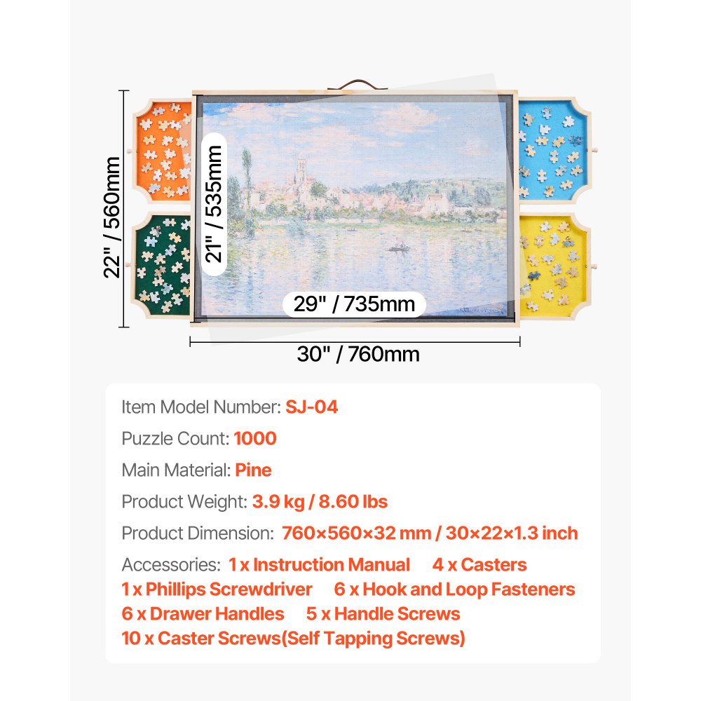 VEVOR Obrotowa plansza do układania puzzli, 1000 elementów, z 4 kolorowymi filcowymi szufladami i pokrywą, przenośny stolik do układania puzzli (760 x 560 x 32 mm), akcesoria do układania puzzli dla dorosłych, system przechowywania puzzli