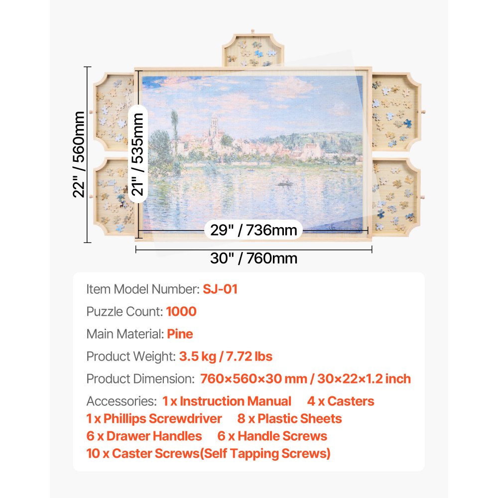 VEVOR 1000 Piece Rotating Puzzle Board with 5 Drawers and Cover, 74x53cm Portable Wooden Table, Jigsaw Puzzle Accessories for Adults, Puzzles Organizer Storage System, Birthday Gift for Mom
