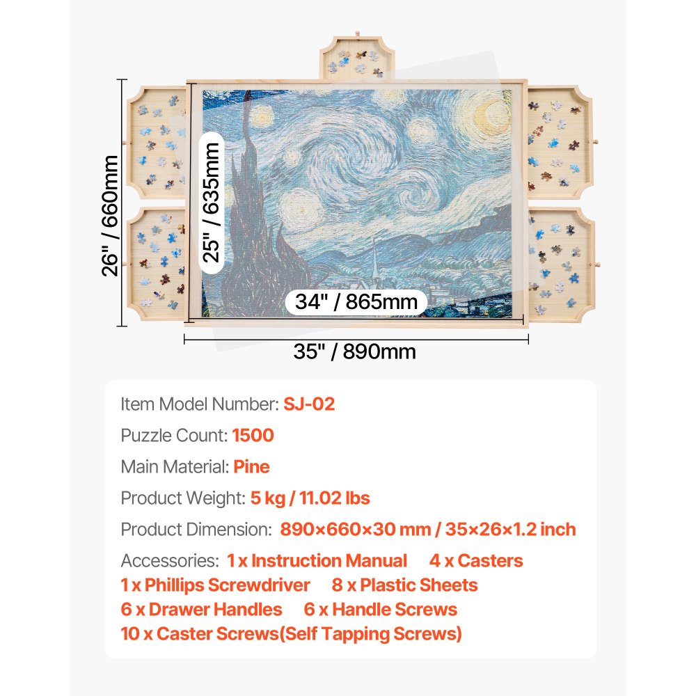 VEVOR 1500-elementowa obrotowa plansza do układania puzzli z 5 szufladami i pokrywą, przenośny stolik do układania puzzli (890 x 660 x 30 mm), akcesoria do układania puzzli dla dorosłych, system przechowywania puzzli