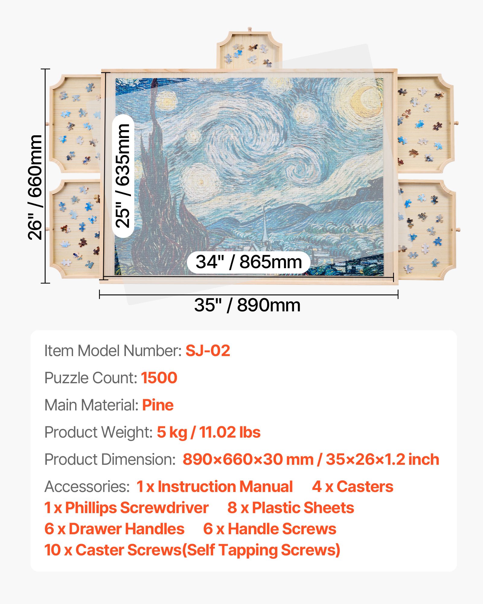 VEVOR 1500-elementowa obrotowa plansza do układania puzzli z 5 szufladami i pokrywą, przenośny stolik do układania puzzli (890 x 660 x 30 mm), akcesoria do układania puzzli dla dorosłych, system przechowywania puzzli