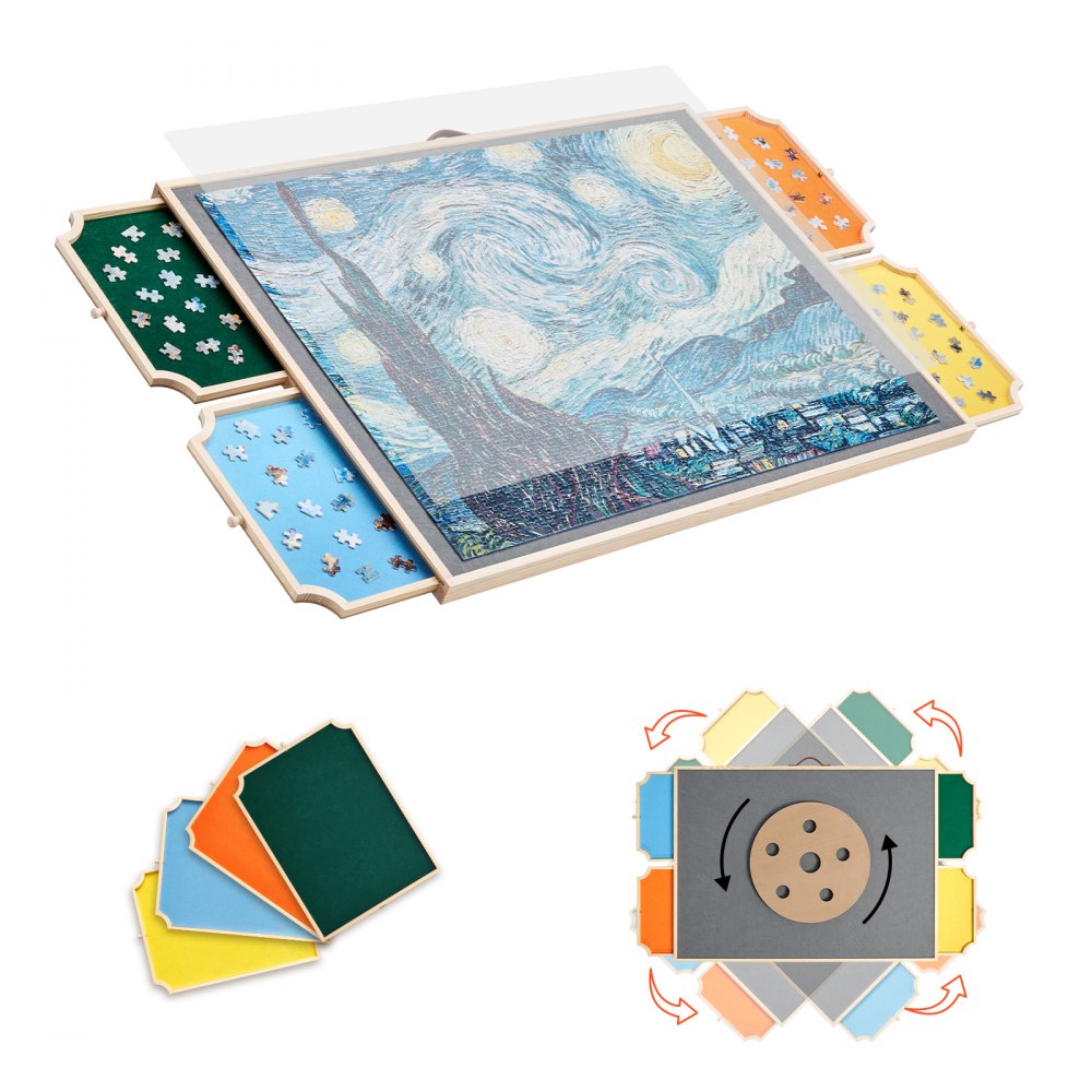 VEVOR Obrotowa plansza do układania puzzli, 1500 elementów, z 4 kolorowymi filcowymi szufladami i pokrywą, przenośny stolik do układania puzzli (890 x 660 x 32 mm), akcesoria do układania puzzli dla dorosłych, system przechowywania puzzli