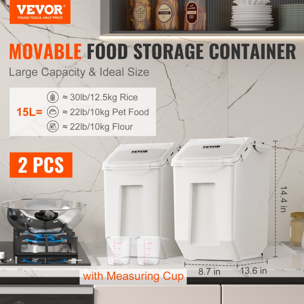 VEVOR Mothproof Storage Containers Kitchen Storage Boxes 15 L x 2, Visible PP Storage Containers with Lids and Wheels, Airtight Containers for Rice, Flour, Sugar, Pulses, Nuts, Pet Food