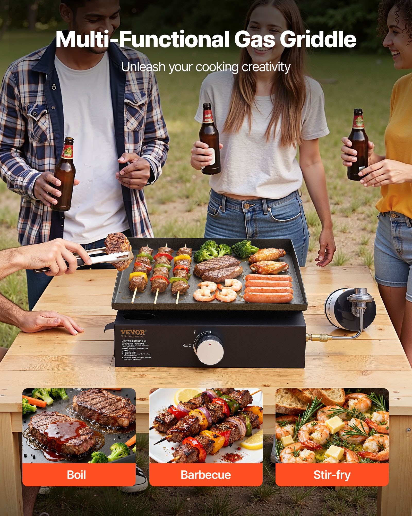 VEVOR Komercyjny grill gazowy z blatem, płaską płytą grillową, restauracja