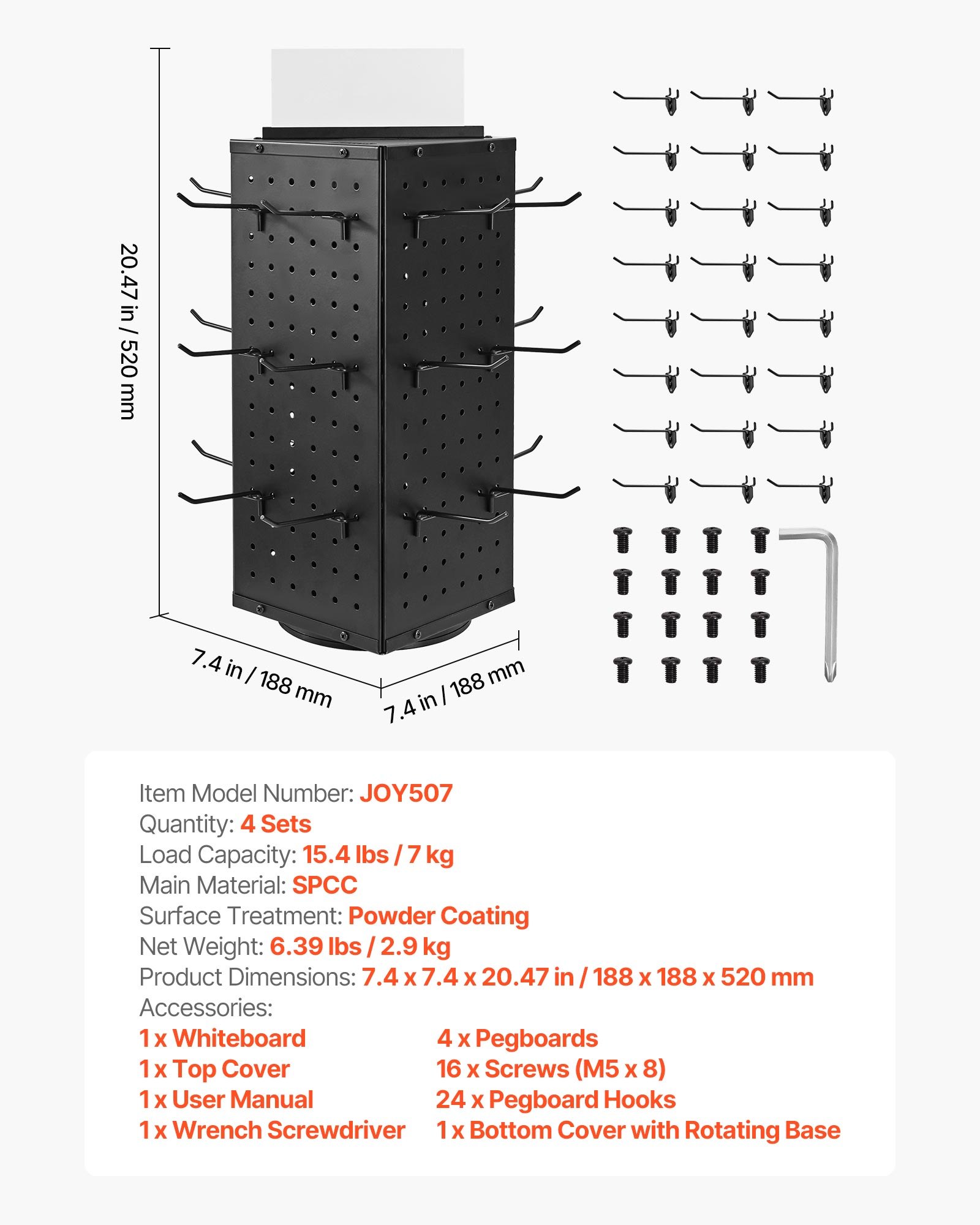 VEVOR Obrotowy stojak ekspozycyjny z perforowanej płyty perforowanej z 24 haczykami, 188 x 188 x 520 mm, stal walcowana na zimno, organizer na półkę do sklepów spożywczych, detalicznych i jubilerskich