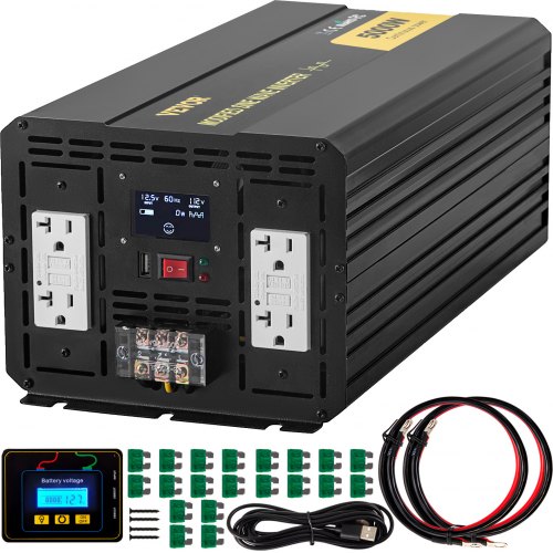 Falownik VEVOR 5000 W z modyfikowaną falą sinusoidalną, zasilacz samochodowy 12 V DC do 110 V AC, z wyświetlaczem LCD, pilotem, oświetleniem LED i gniazdami GFCI do pojazdów kempingowych, ciężarówek, łodzi i sprzętu do aktywności na świeżym powietrzu.