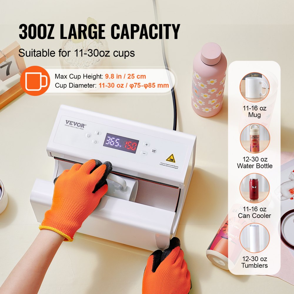 VEVOR Automatyczna prasa termiczna, prasa termiczna do kubków sublimacyjnych o pojemności od 11 do 32 uncji, prasa do kubków z taśmą i rękawicą, ustawianie temperatury i czasu, do kubków, filiżanek, biała