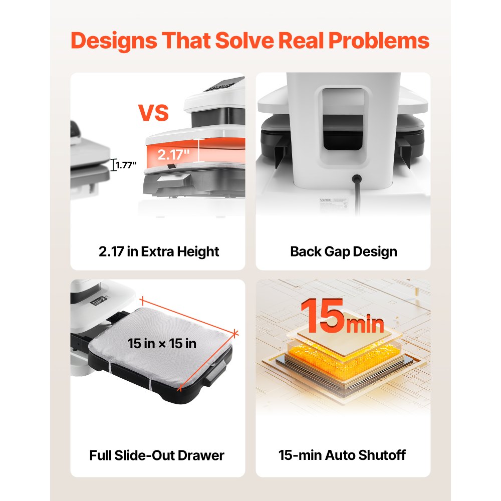 Prasa termotransferowa automatyczna VEVOR (38 x 38 cm) do koszulek z automatycznym zwalnianiem i regulowanym naciskiem, wyświetlacz cyfrowy, prasa termotransferowa do projektów sublimacyjnych z winylu, biała