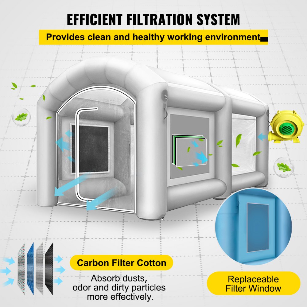 VEVOR 4 x 2,5 x 2,2m PVC Oxford Tkanina nadmuchiwany namiot do naprawy lakieru samochodowego, nadmuchiwany zestaw namiotów 680W Wentylator drzwi i okien garażowych na zewnątrz warsztat samochodowy