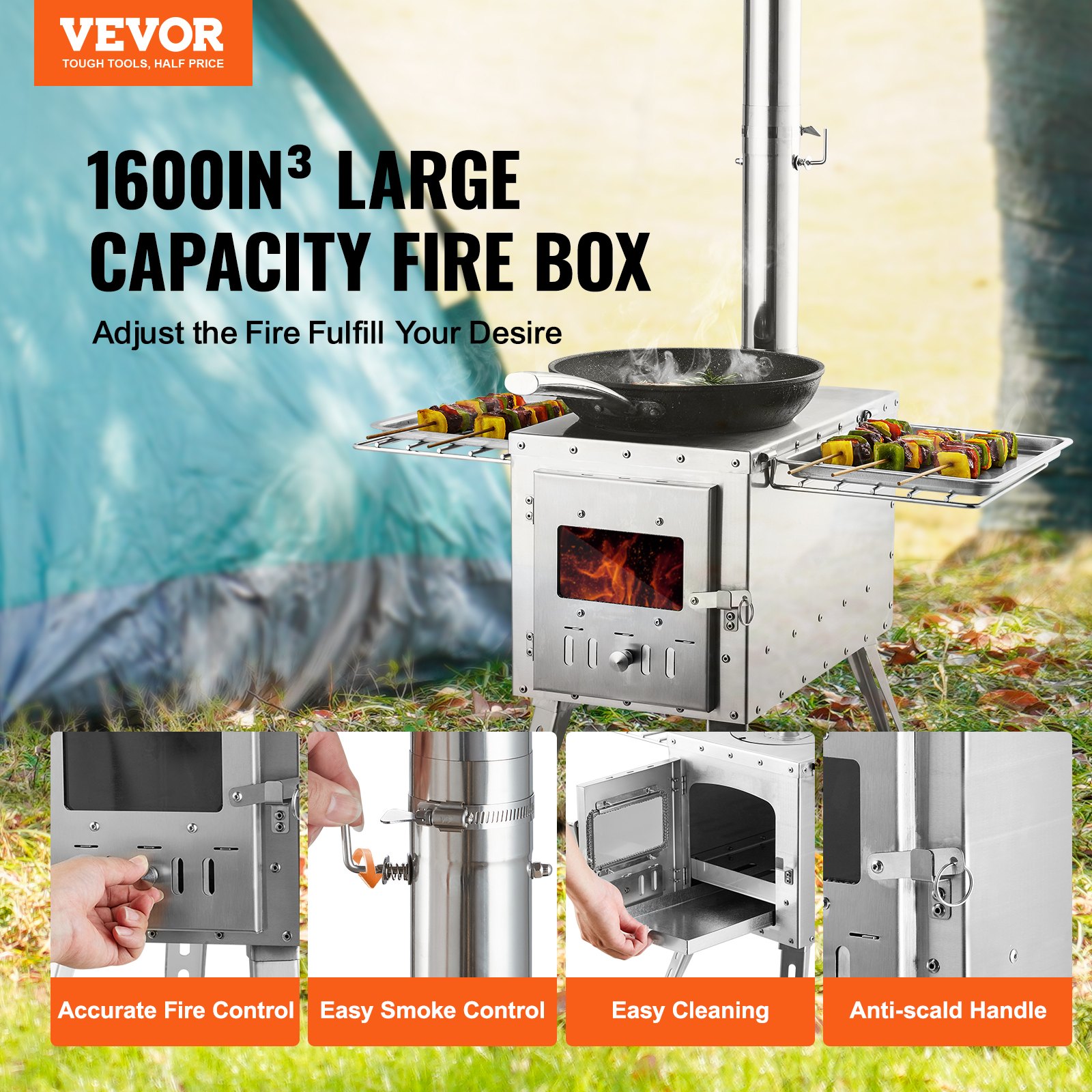 VEVOR Wood Stove, 590 x 790 x 2620 mm, Stainless Steel Camping Tent Stove, Wood Stove with Chimney Pipes and Gloves, 1646 Cubic Inch Firebox Tent Stove for Outdoor Cooking and Heating with 8 Pipes