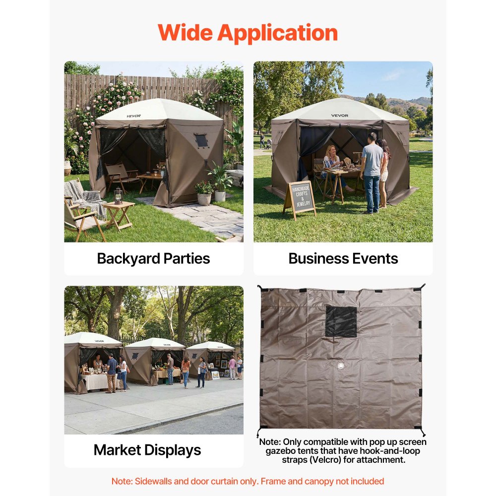 VEVOR Canopy Sidewalls, 1.73 x 1.48 m, Canopy Tent Walls with Waterproof and Sunlight Protection, 1 Zippered Door & 2 Windows Design for Outdoor Event Tents, Vendor Booths (6 Sidewalls Only, Brown)