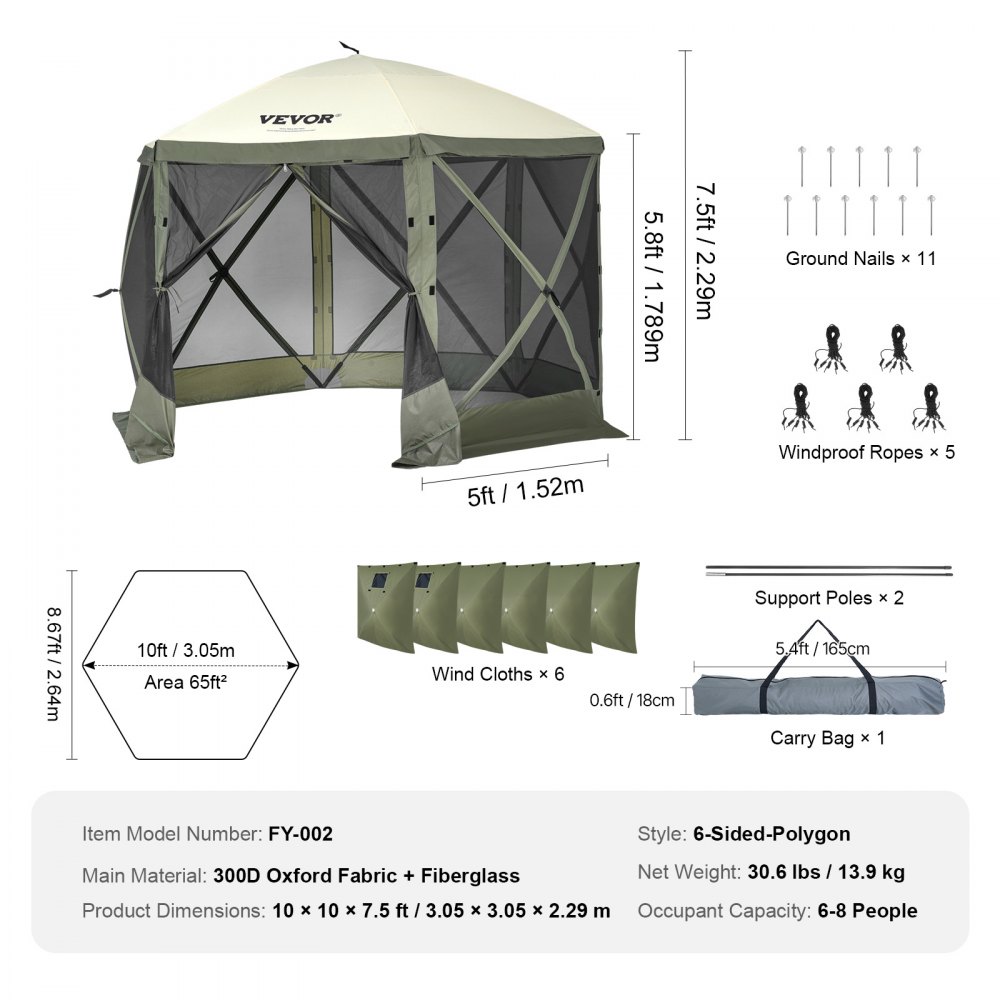 VEVOR Pop-Up Pavilion Tent, Pop-Up Tent with 6-Sided Canopy, Sunshade with 6 Removable Privacy Windscreens and Mesh Windows, 10 x 10 Feet, Quick-Set Tent with Mosquito Net, Army Green