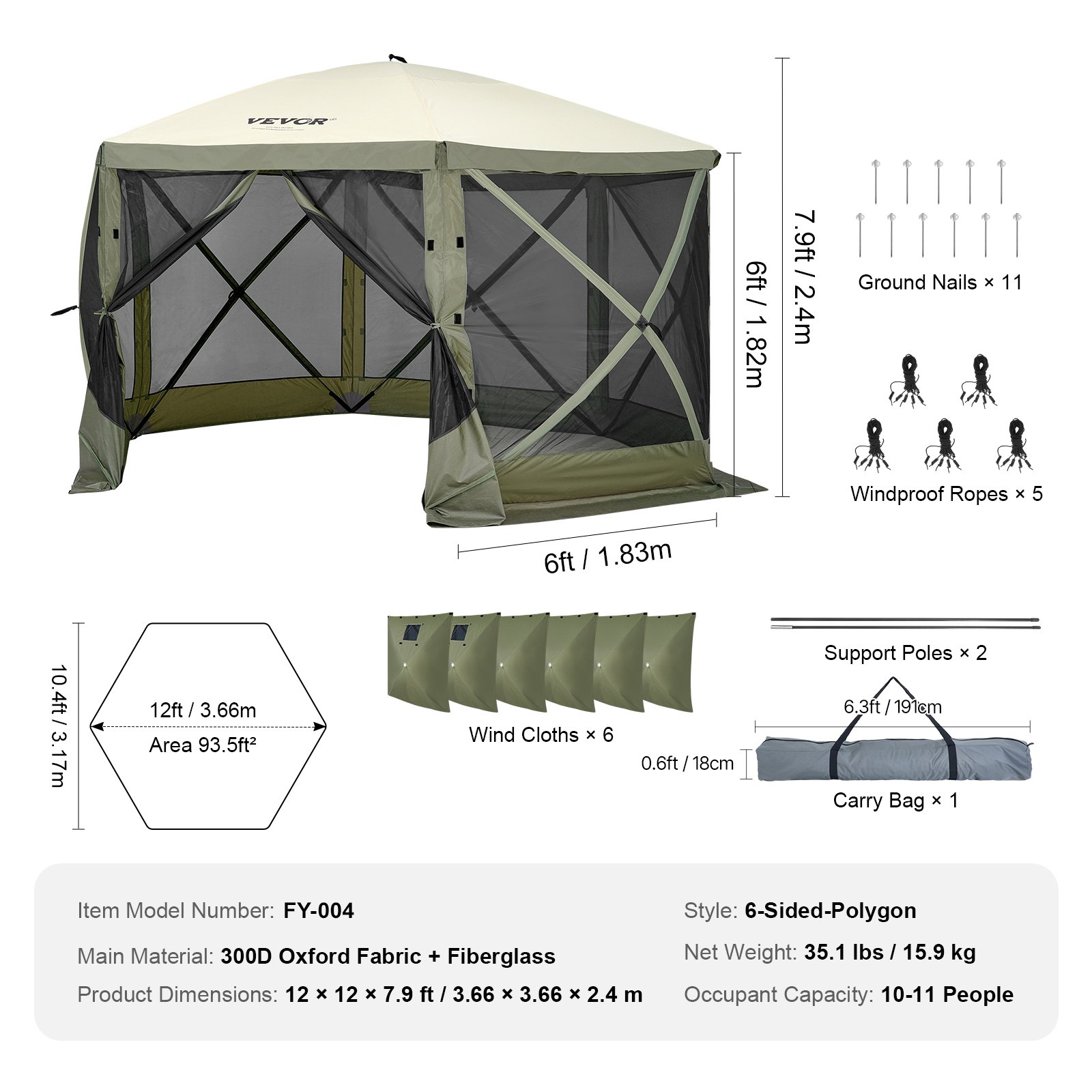 VEVOR Pop-Up Pavilion Tent, Pop-Up Tent with 6-Sided Canopy, Sunshade with 6 Removable Privacy Windscreens and Mesh Windows, 12 x 12 Feet, Quick-Set Tent with Mosquito Net, Army Green