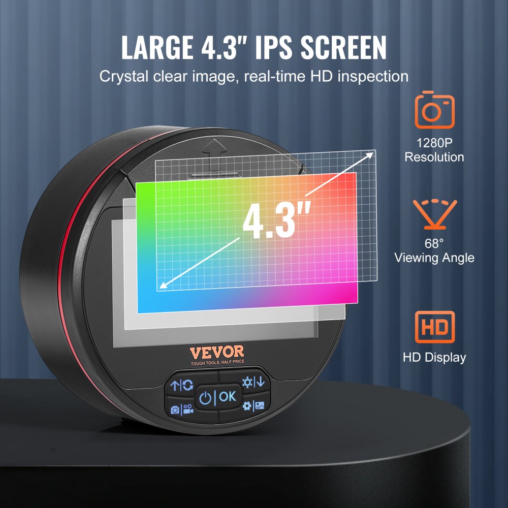Kamera endoskopowa VEVOR z potrójnym obiektywem i oświetleniem, kamera inspekcyjna z 4,3-calowym ekranem IPS i 8+2 światłami, wodoodporna kamera typu Snake Scope o stopniu ochrony IP67 do zastosowań w motoryzacji i hydraulice (kabel 16,4 stopy, karta 32 GB)