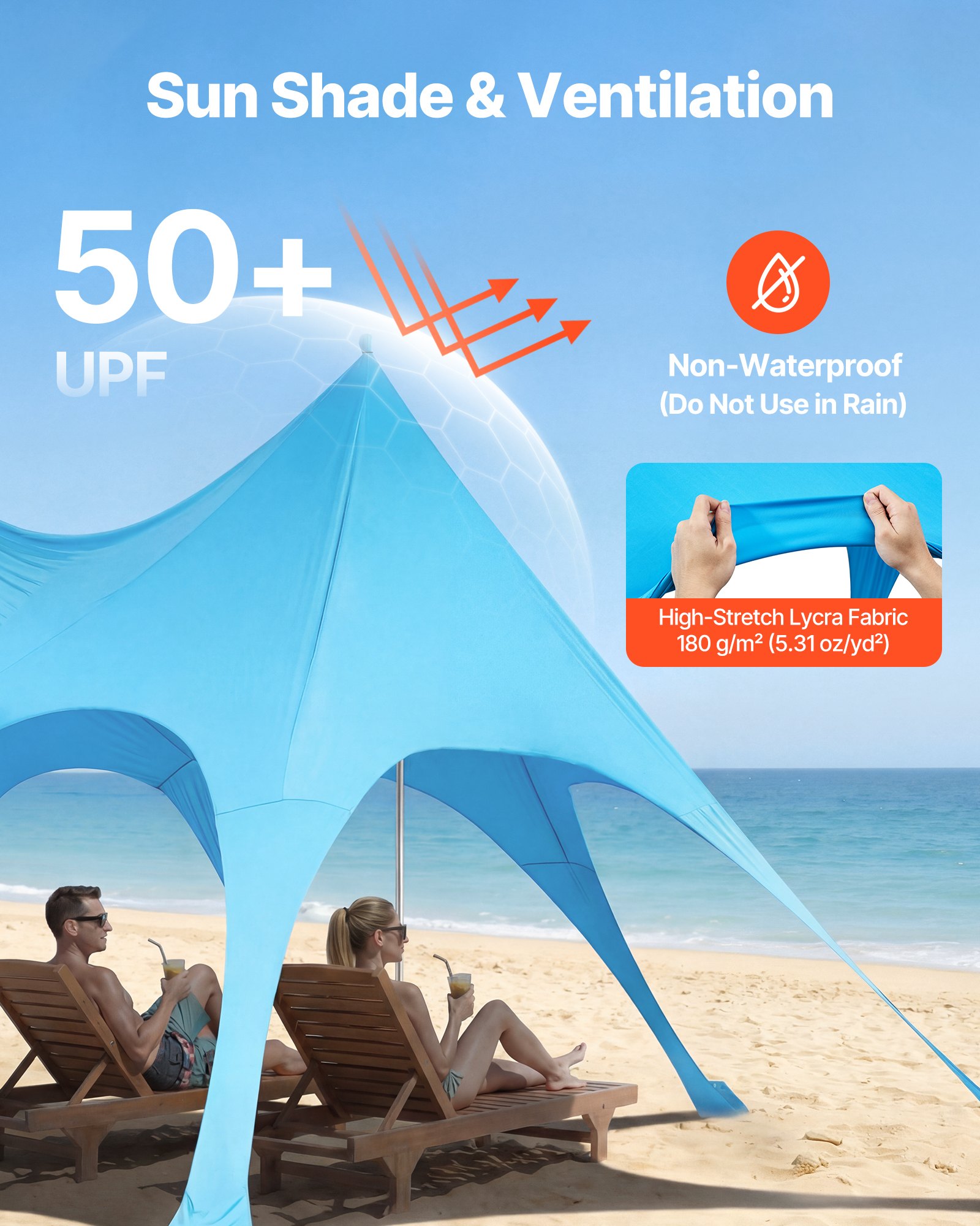 Namiot plażowy VEVOR z ochroną przeciwsłoneczną (UPF 50+) 6,1 x 4 x 2,8 m, osłona plażowa z workami z piaskiem, słupkami podporowymi i łopatkami do piasku, przenośna osłona przeciwsłoneczna na rodzinne wycieczki, kemping, wędkarstwo, niebieski