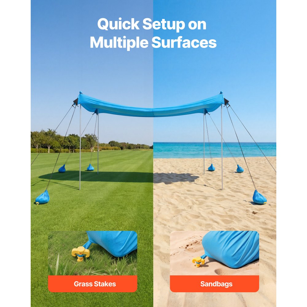 VEVOR Beach Tent Sun Shelter, UPF50+ Sun Protection, 2 m Tall, 3 x 3 m, Easy Pop Up Beach Canopy with 8 Sandbags, Stability Poles, Sand Shovels, Portable Shade for Family Outings, Camping, Fishing