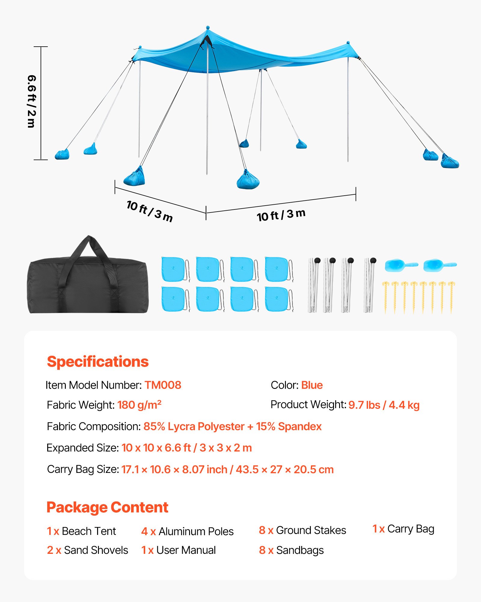 VEVOR Beach Tent Sun Shelter, UPF50+ Sun Protection, 2 m Tall, 3 x 3 m, Easy Pop Up Beach Canopy with 8 Sandbags, Stability Poles, Sand Shovels, Portable Shade for Family Outings, Camping, Fishing