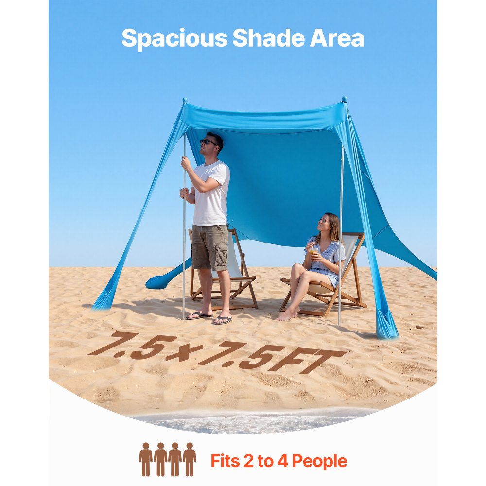 Namiot plażowy VEVOR z ochroną przeciwsłoneczną (UPF 50+) o wymiarach 2,3 x 2,3 x 2 m, osłona plażowa z drążkami podporowymi i łopatkami do piasku, przenośna osłona przeciwsłoneczna na rodzinne wycieczki, kemping, wędkarstwo, niebieski