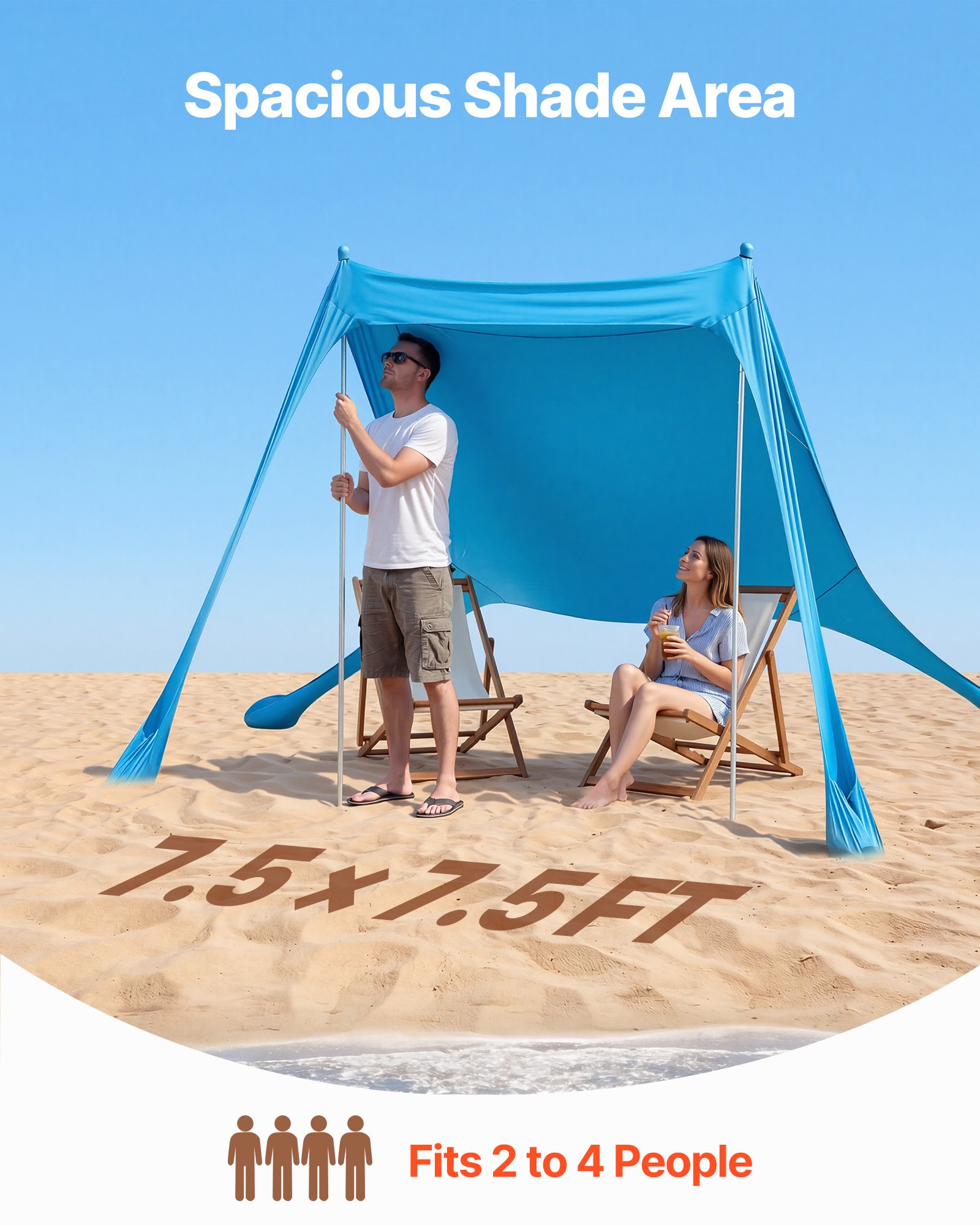 Namiot plażowy VEVOR z ochroną przeciwsłoneczną (UPF 50+) o wymiarach 2,3 x 2,3 x 2 m, osłona plażowa z drążkami podporowymi i łopatkami do piasku, przenośna osłona przeciwsłoneczna na rodzinne wycieczki, kemping, wędkarstwo, niebieski