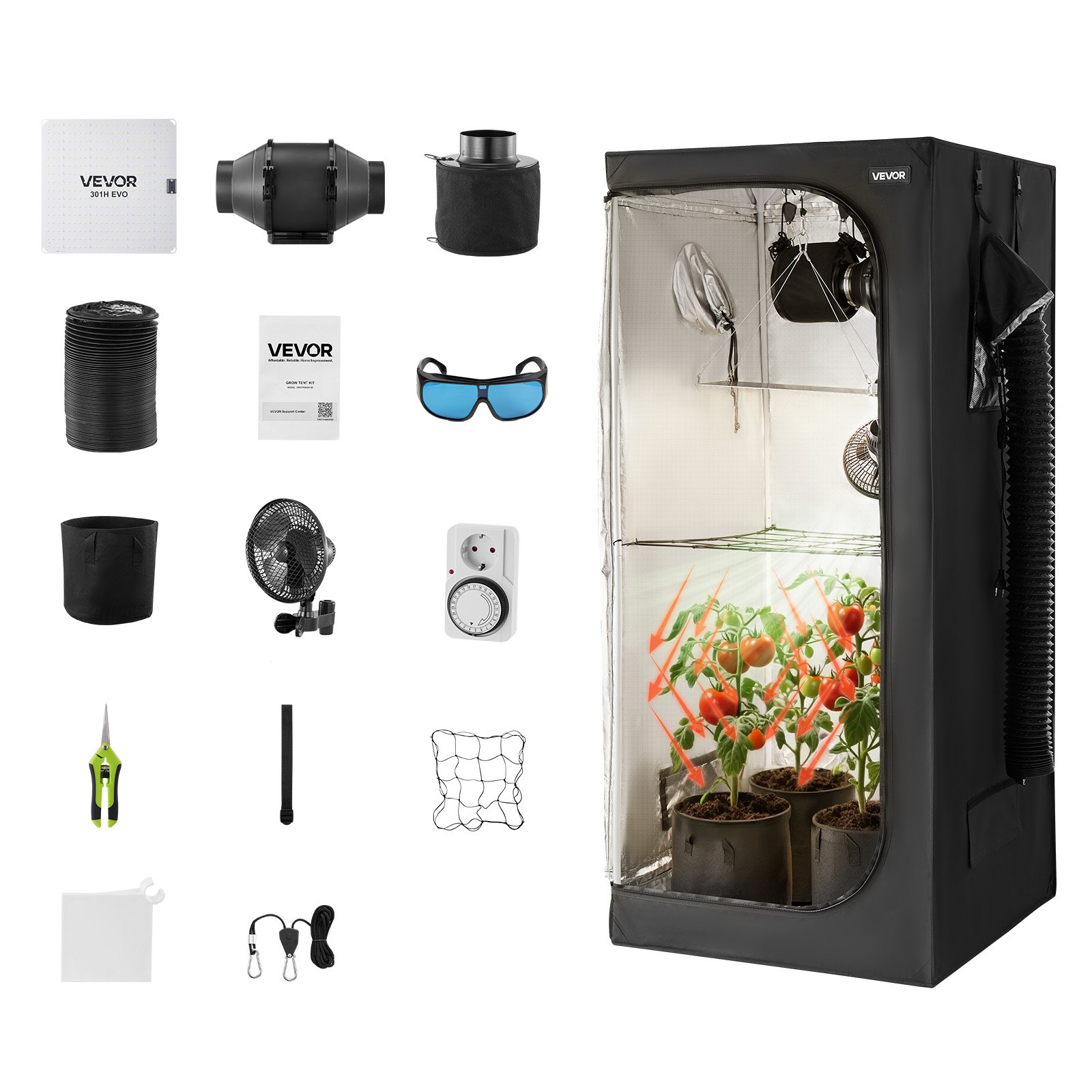 Namiot do uprawy roślin VEVOR, 80x80x180 cm, namiot do uprawy roślin doniczkowych z pełnospektralnym oświetleniem LED i systemem wentylacji, Growbox 600D, wysoce odblaskowy Mylar, namioty do uprawy, szklarnia do kwiatów i warzyw