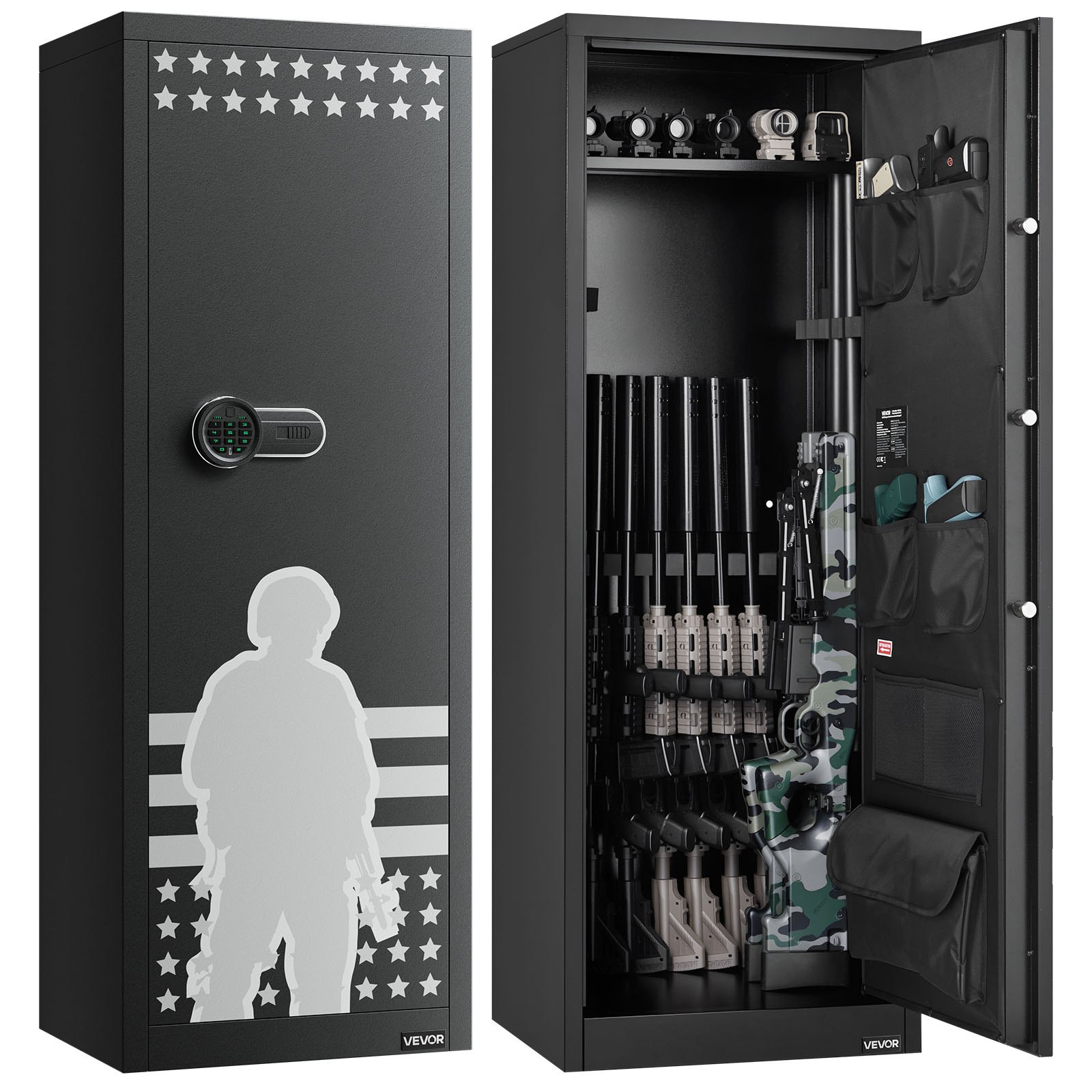 VEVOR 10-12 Gun Safe, Long Gun Cabinet for Rifles and Pistols, Quick Access Rifle Safe with 4 Pistol Pockets and 3 Adjustable Racks, Large Digital Cabinet with Key and Password Lock