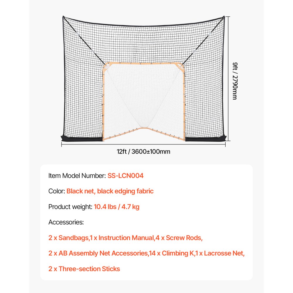 VEVOR Hockey Goal Lacrosse Goal (360 x 279 cm) Large Lacrosse Net with Extended Coverage, Quick and Easy Assembly Equipment for Garden, Complete Accessory Training Net (Net Only)