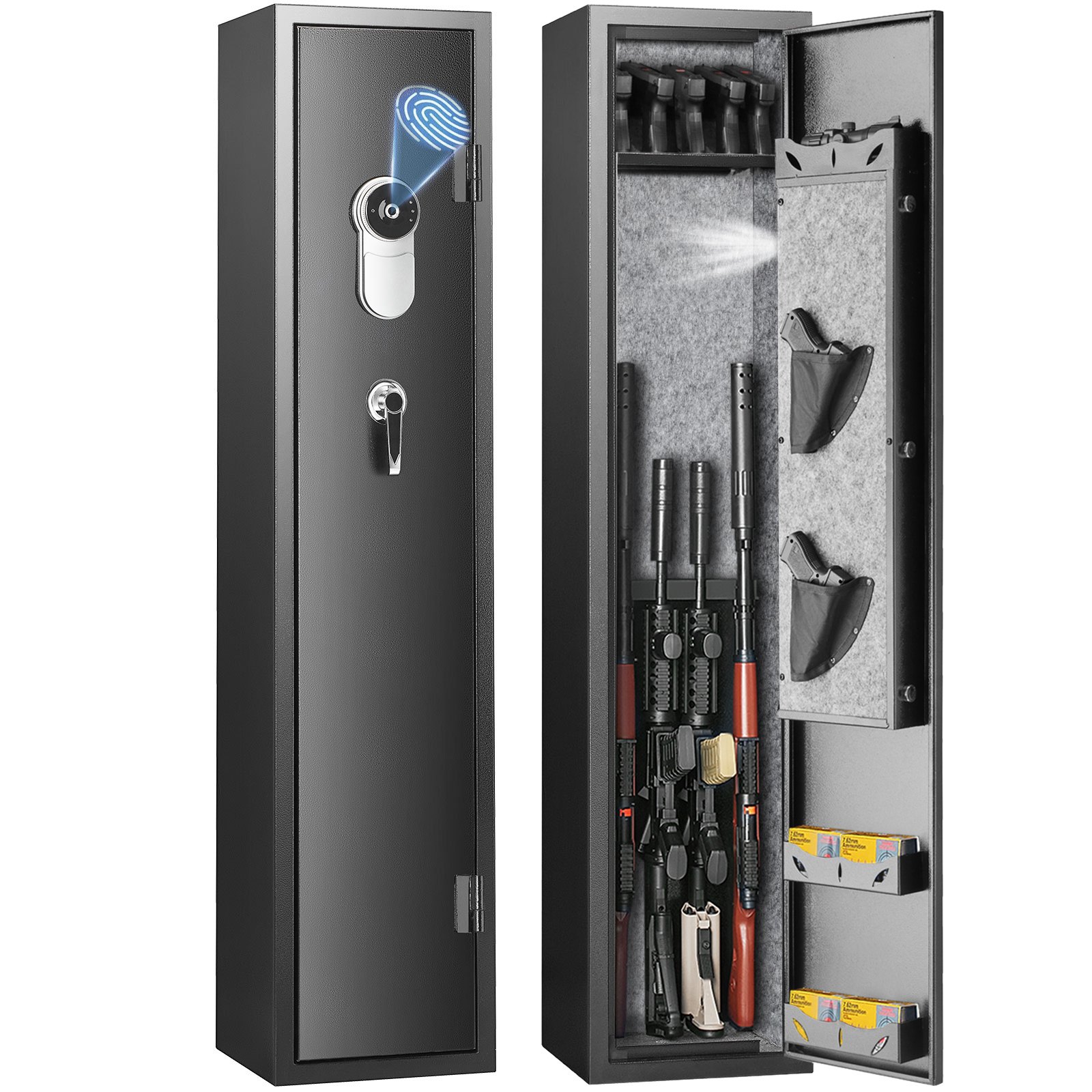 VEVOR Rifle Cabinet, Long Gun Cabinet for 5 Rifles, Rifle Safe with Removable Shelves & 2 Pistol Pouches, Large Gun Cabinet with Key & Fingerprint Lock & Dula Alarm System