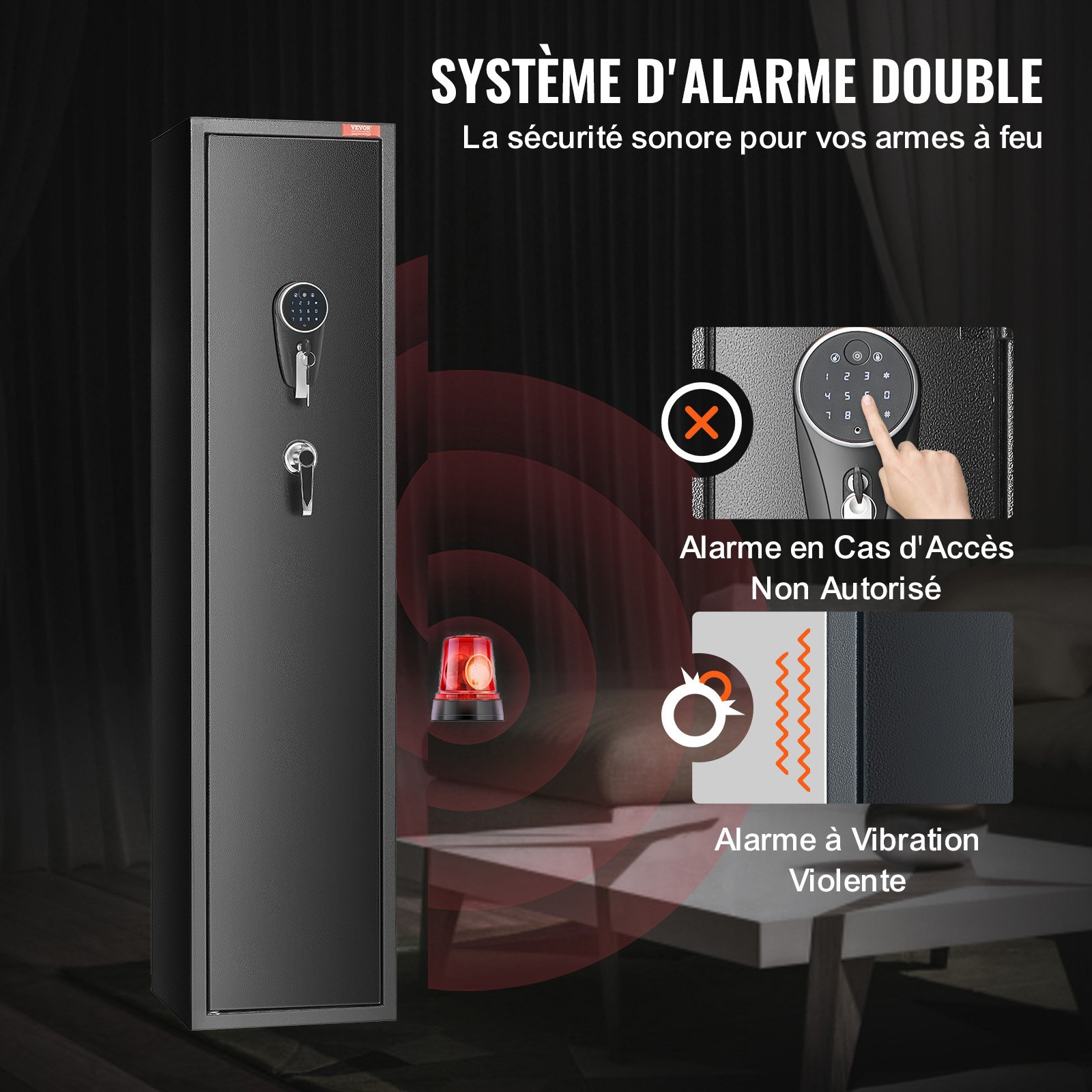 VEVOR 6-Sejf na broń, sejf na broń z czytnikiem linii papilarnych i zamkiem cyfrowym na klawiaturę, szafka na broń z wbudowaną przegrodą, wyjmowana półka
