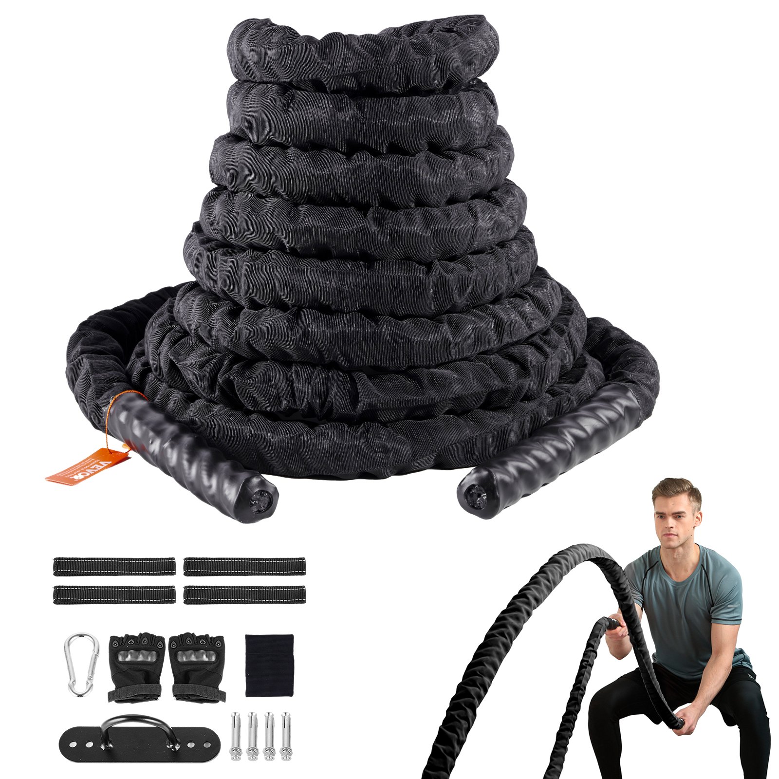 Lina treningowa VEVOR Battle Rope, średnica 1,5 cala, długość 40 stóp, poliestrowa lina treningowa, sprzęt do treningu bojowego z osłoną ochronną i kotwicą, wytrzymała lina do treningu mięśni głębokich brzucha w domowej siłowni