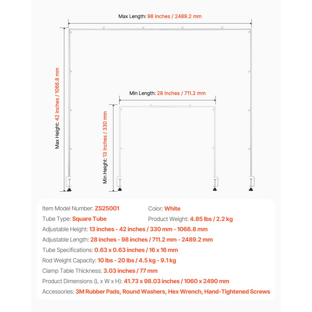 VEVOR Dekoracja stołu Drążek stołowy, wysokość 330-1066,8 mm, długość 711,2-2489,2 mm, regulowany, łuk stołowy z zaciskami, dekoracyjna rama stołu na wesela, urodziny i Boże Narodzenie, biały