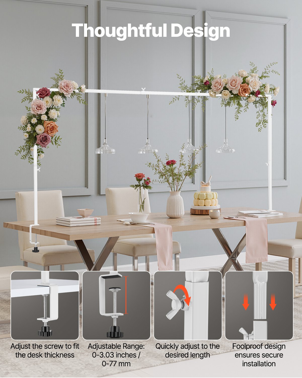 VEVOR Table Decoration Table Rod, 330-1066.8 mm high & 711.2-2489.2 mm length adjustable, table arch with clamps, decorative table frame for wedding, birthday & Christmas decorations, white