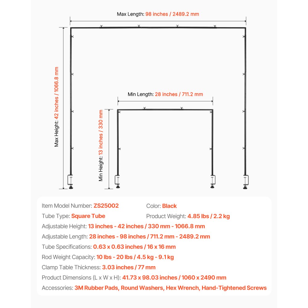 VEVOR Table Decoration Table Rod, 330-1066.8 mm high & 711.2-2489.2 mm length adjustable, table arch with clamps, decorative table frame for wedding, birthday & Christmas decorations, black