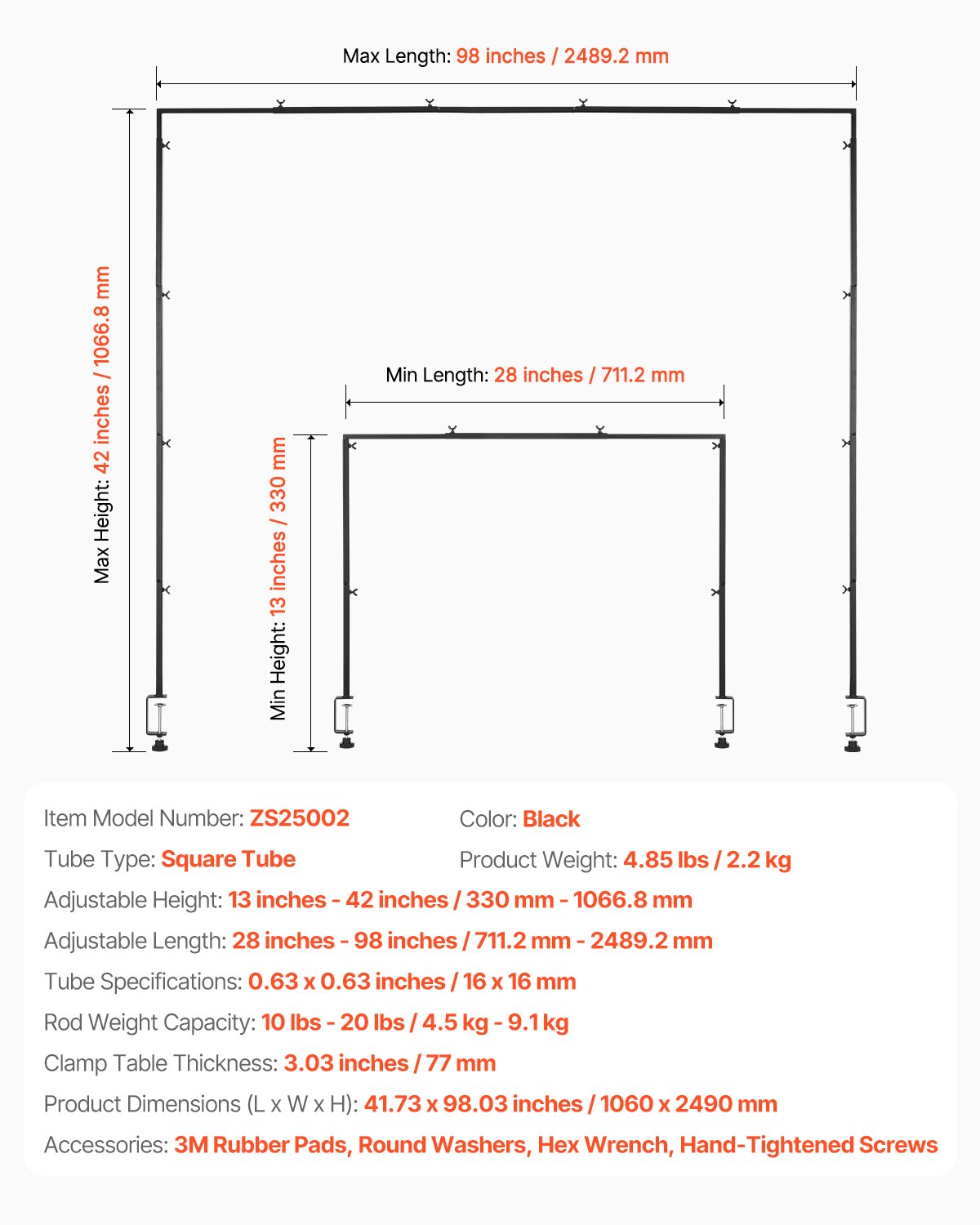 VEVOR Table Decoration Table Rod, 330-1066.8 mm high & 711.2-2489.2 mm length adjustable, table arch with clamps, decorative table frame for wedding, birthday & Christmas decorations, black
