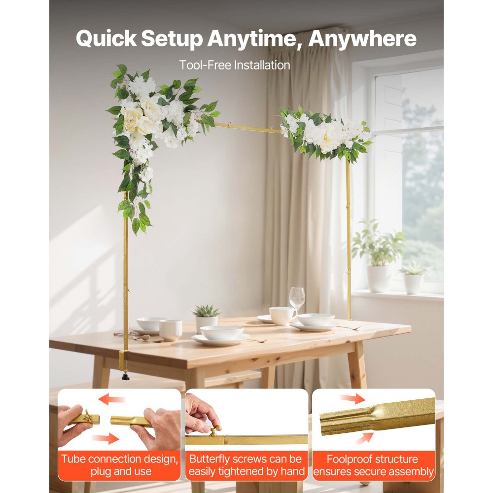 Łuk stołowy VEVOR, regulowany od 711,2 do 2489,2 mm długości i 330,2 do 1066,8 mm wysokości, drążek do dekoracji stołu z akcesoriami kwiatowymi, złota rama na balony do dekoracji ślubnych, urodzinowych i świątecznych