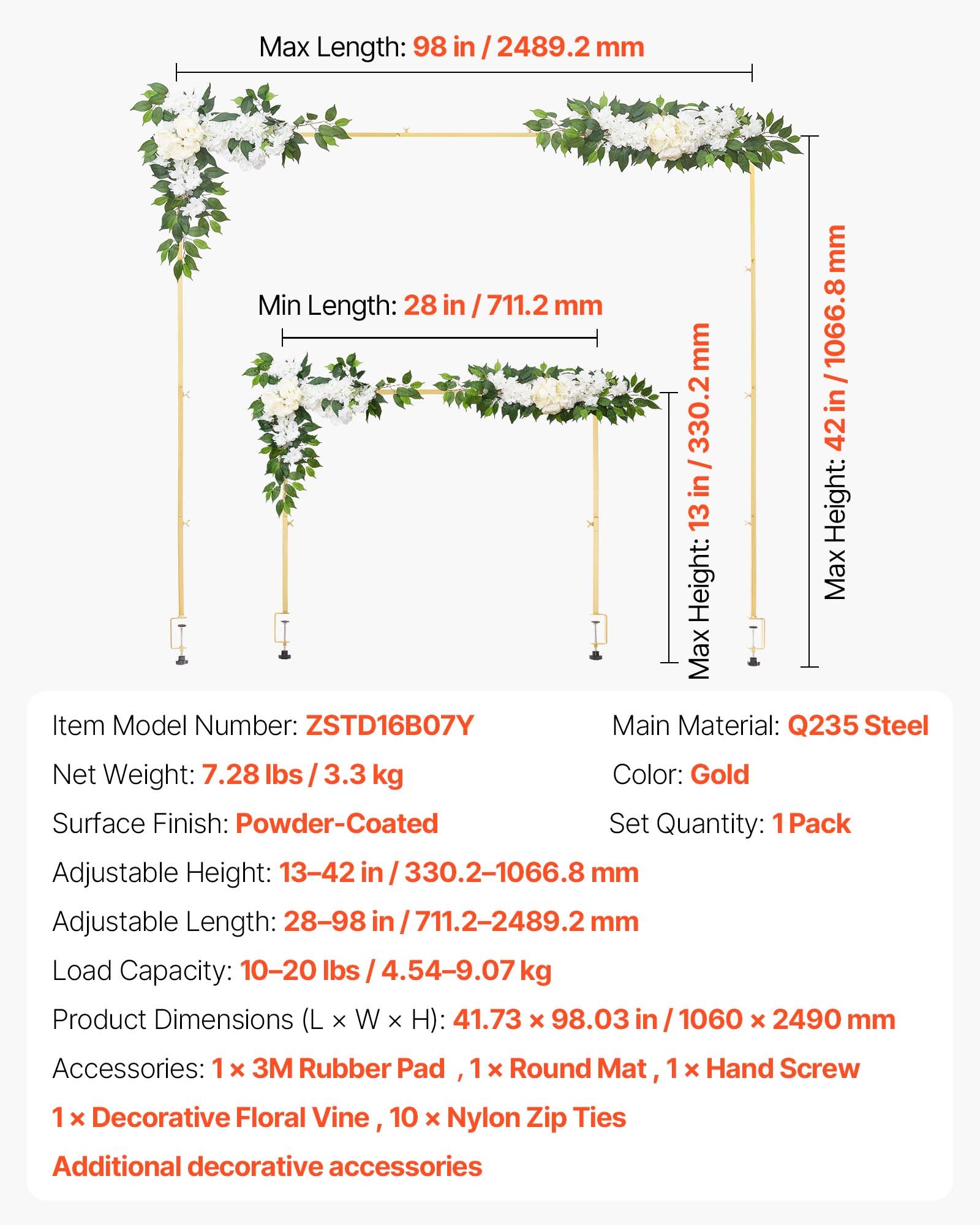 Łuk stołowy VEVOR, regulowany od 711,2 do 2489,2 mm długości i 330,2 do 1066,8 mm wysokości, drążek do dekoracji stołu z akcesoriami kwiatowymi, złota rama na balony do dekoracji ślubnych, urodzinowych i świątecznych