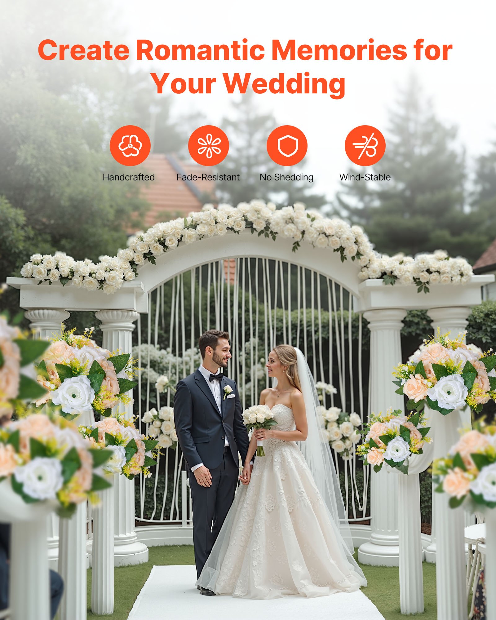 VEVOR Flower Ball Arrangement Bouquet 10 PCS, 240 mm Diameter Artificial Flower Balls Wedding Table Centerpieces, Rose Arrangements for Wedding Centerpiece Home Decoration, Champagne & White Roses