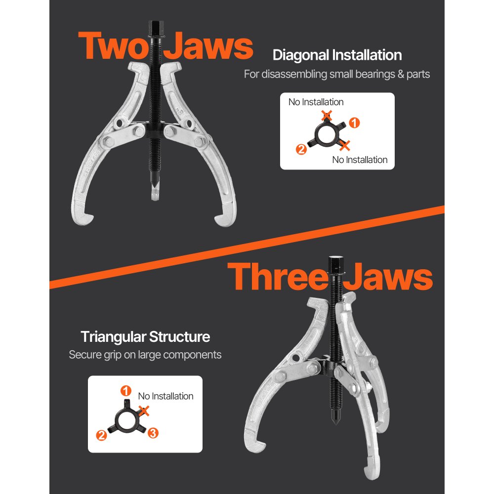 Zestaw ściągaczy kół zębatych VEVOR, ściągacz łożysk 3/4/6/8 cala z 3-ramiennymi szczękami, narzędzie do ściągania kół pasowych 2-/3-ramienne, do demontażu kół pasowych, łożysk zębatych i kół zamachowych