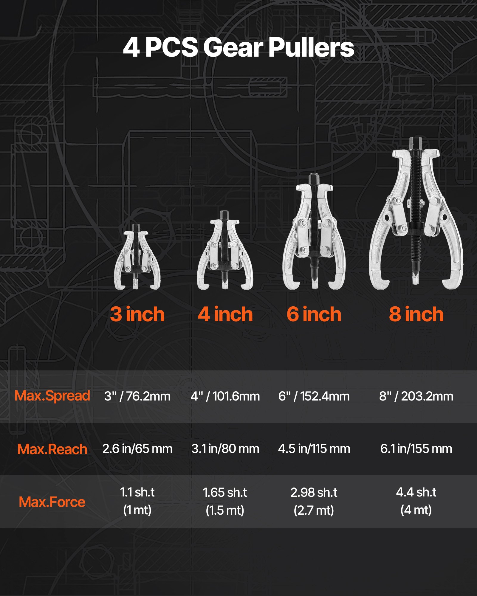 Zestaw ściągaczy kół zębatych VEVOR, ściągacz łożysk 3/4/6/8 cala z 3-ramiennymi szczękami, narzędzie do ściągania kół pasowych 2-/3-ramienne, do demontażu kół pasowych, łożysk zębatych i kół zamachowych