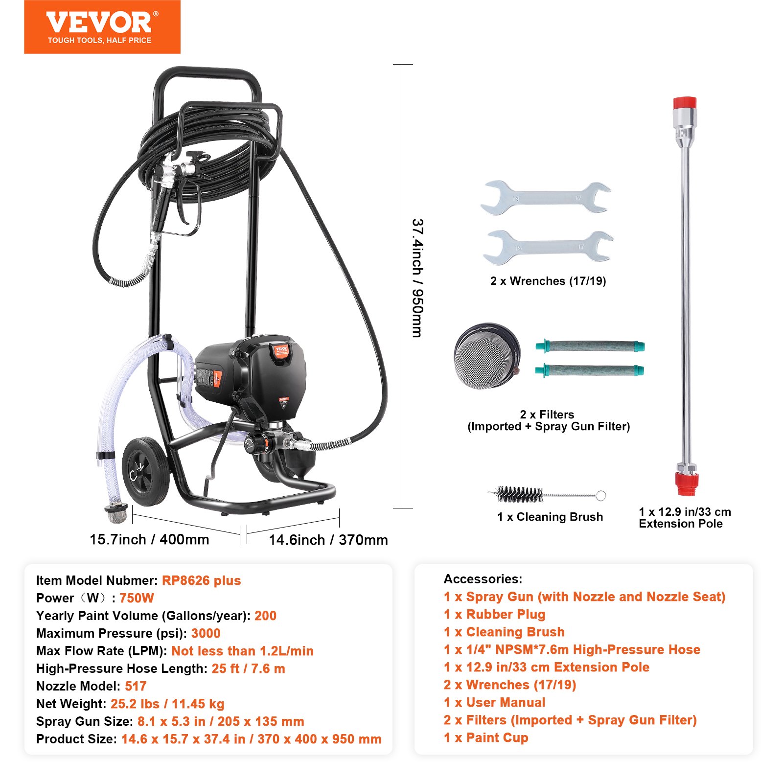 VEVOR Rollable Airless Paint Sprayer, 750 W, 3000 psi, Wysokowydajny elektryczny pistolet natryskowy, Urządzenia do malowania natryskowego, System natrysku farby bezpowietrznej pod wysokim ciśnieniem z wężem o długości 15 m